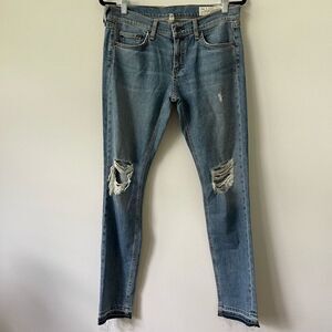 Rag & Bone Women's High Rise Fringe Hem Distressed Skinny Blue Jeans Size 28
